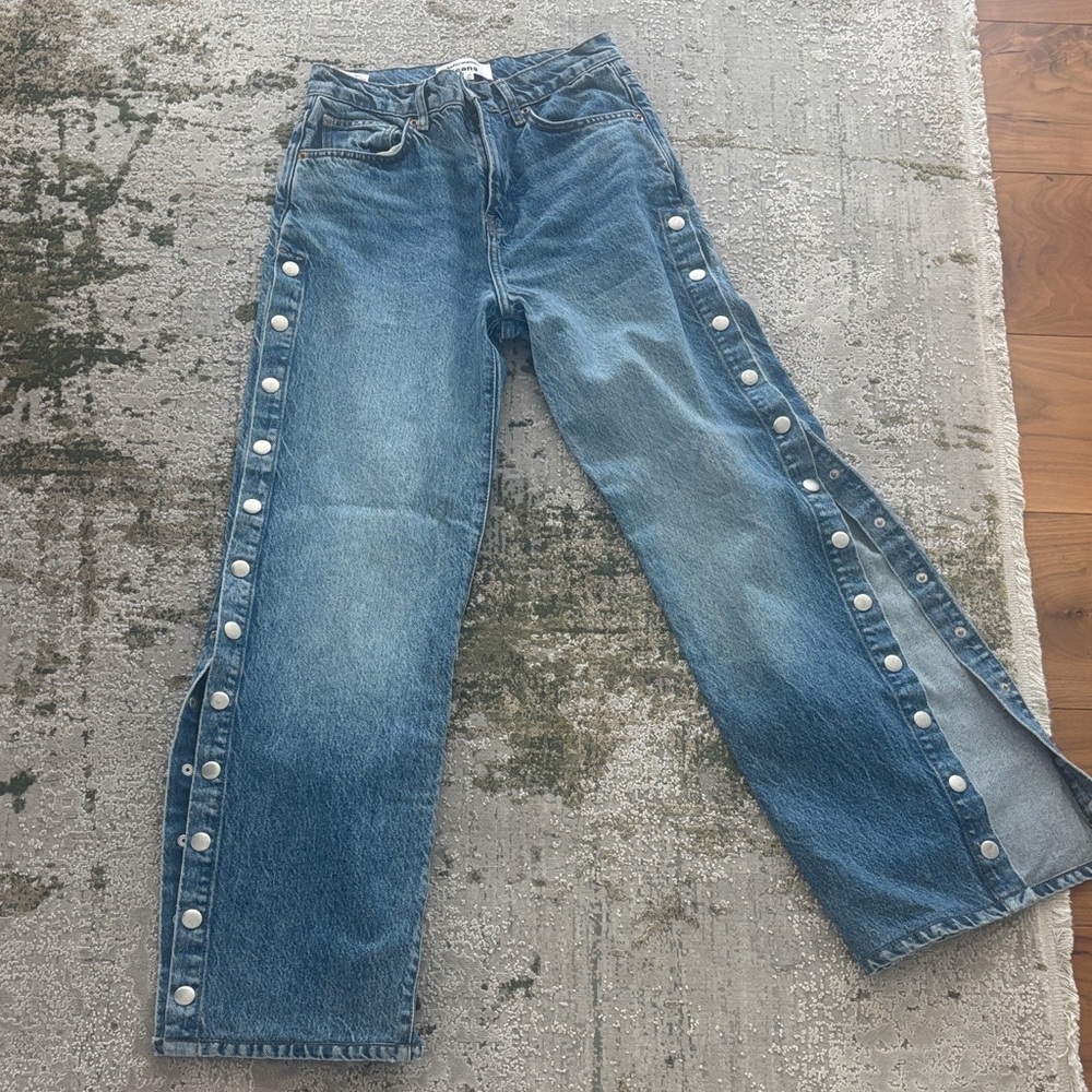 Reformation Blue Flare Jeans with Side Buttons